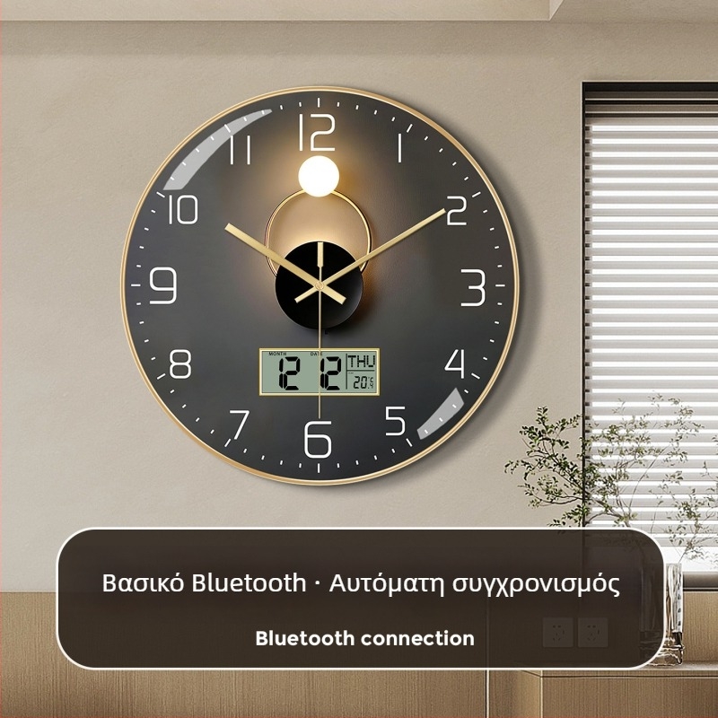 Ρολόι τοίχου Bluetooth με αυτόματο συγχρονισμό ώρας, LED/LCD αιώνιο ημερολόγιο, θερμόμετρο και ένδειξη ημέρας της εβδομάδας, στρογγυλό, μονοπλευρικό, τροφοδοτούμενο με μπαταρία, αναλογικό + ψηφιακό display