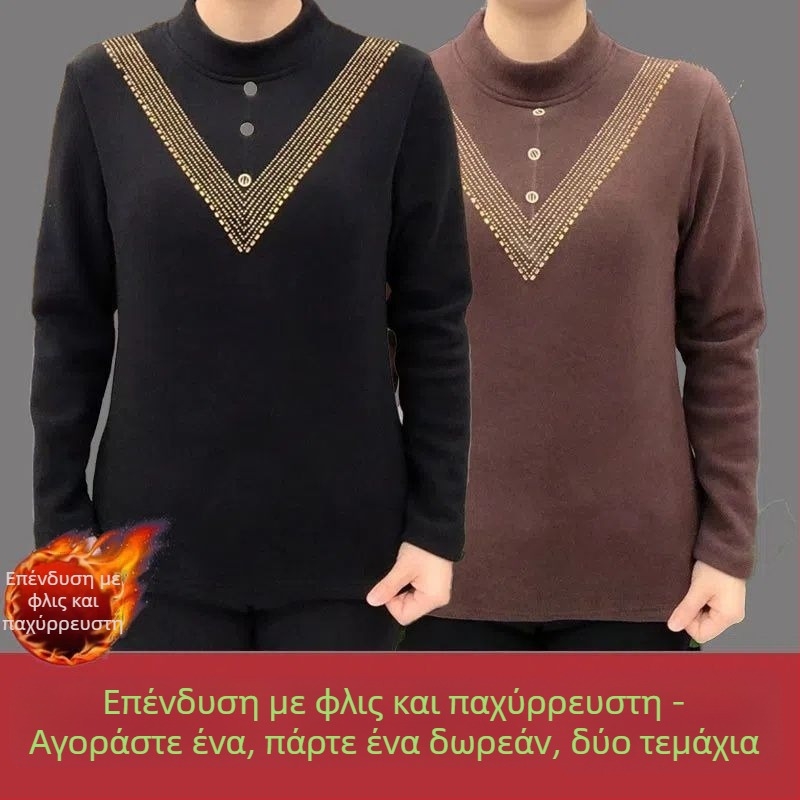 Plus-size γυναικείο τοπ από γερμανικό βελούδο, με ψηλό γιακά σε στυλ mock, θερμικό, φθινοπωρινό-χειμερινό