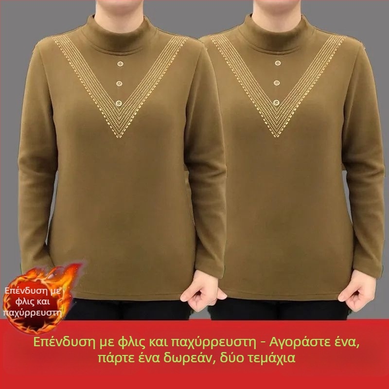 Plus-size γυναικείο τοπ από γερμανικό βελούδο, με ψηλό γιακά σε στυλ mock, θερμικό, φθινοπωρινό-χειμερινό