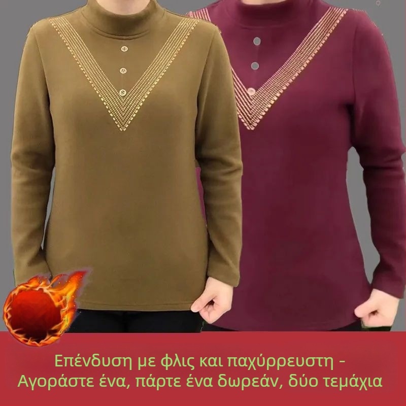 Plus-size γυναικείο τοπ από γερμανικό βελούδο, με ψηλό γιακά σε στυλ mock, θερμικό, φθινοπωρινό-χειμερινό
