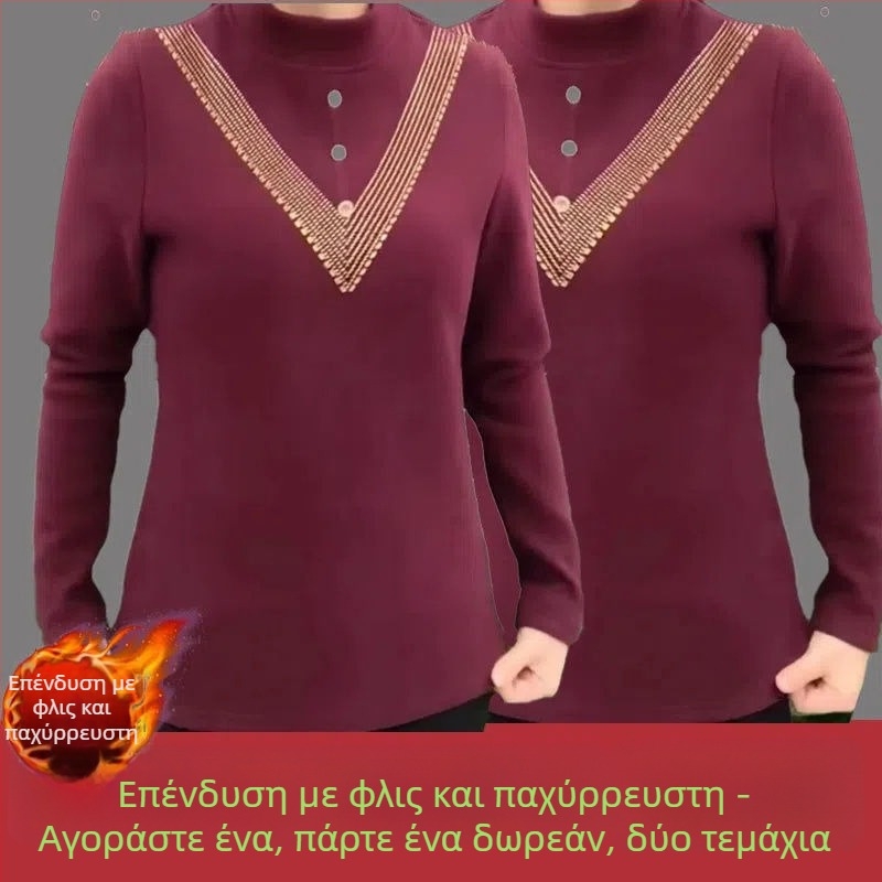 Plus-size γυναικείο τοπ από γερμανικό βελούδο, με ψηλό γιακά σε στυλ mock, θερμικό, φθινοπωρινό-χειμερινό