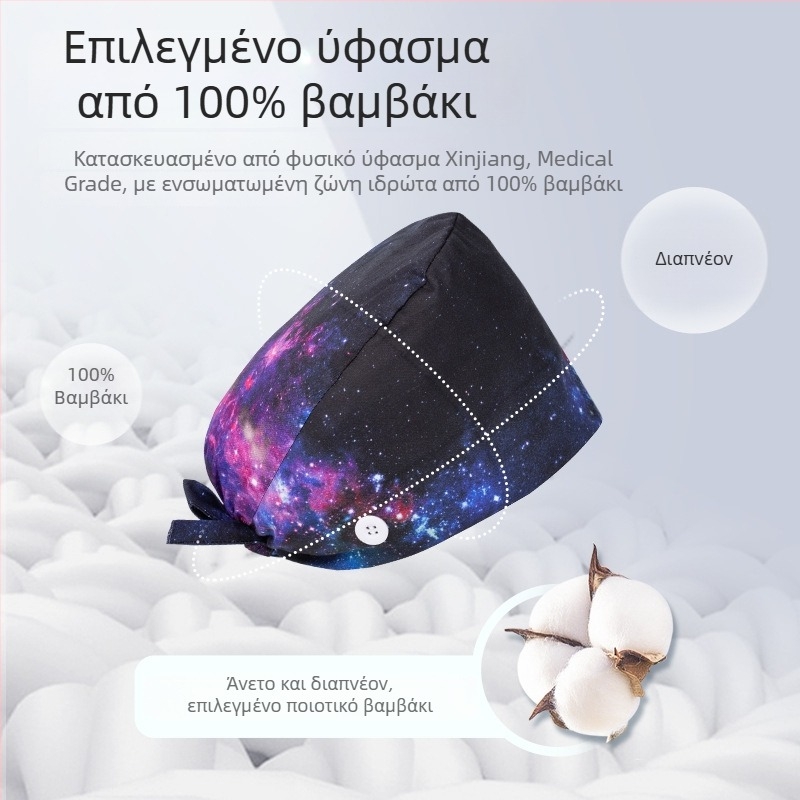 Χειρουργική κάλυψη κεφαλής με ματ φινίρισμα και ψηφιακή εκτύπωση, με κούμπωμα, unisex καπέλο νοσηλευτή για ιατρικό προσωπικό