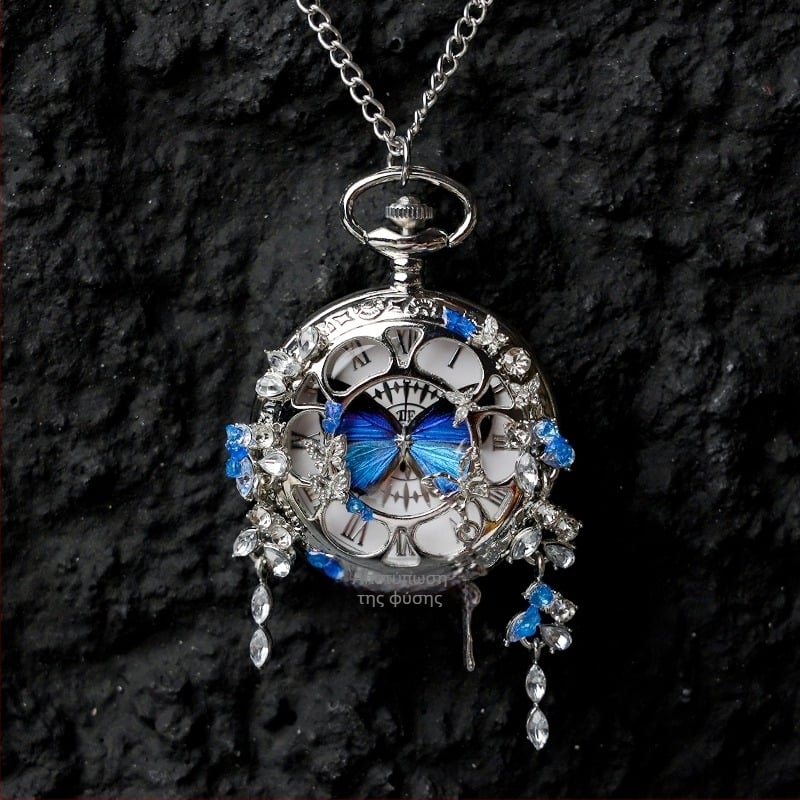 Ρολόι τσέπης με μετακινούμενο πραγματικό δείγμα πεταλούδας, ιδανικό δώρο για κορίτσια και φίλες (Ηλεκτρονικός μηχανισμός; Αντοχή στο νερό 35m; Κέλυφος από σιλικόνη; Κυκλικός καντράν; ABS γυαλί)