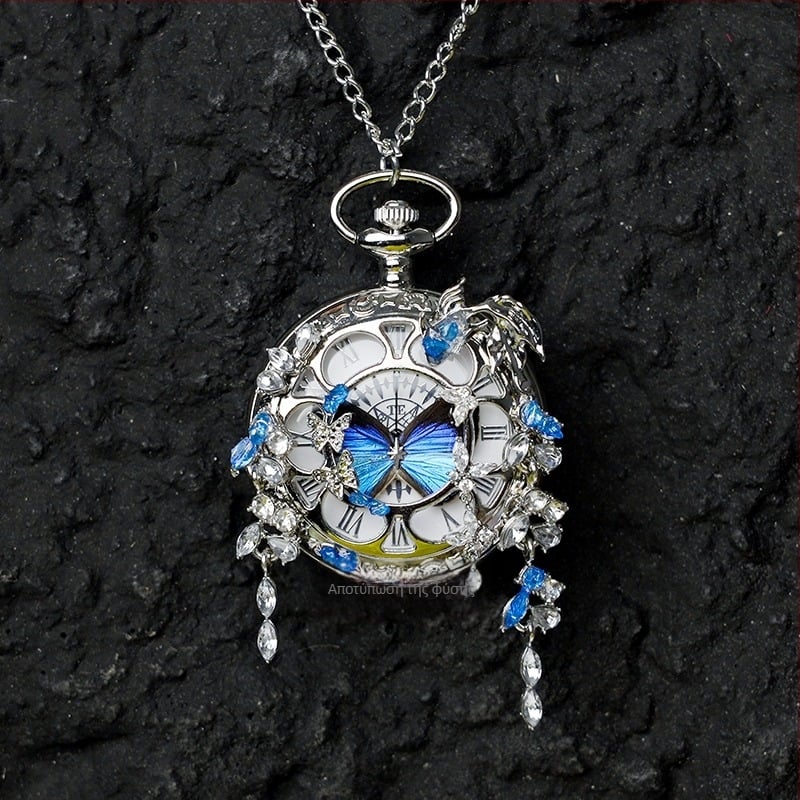 Ρολόι τσέπης με μετακινούμενο πραγματικό δείγμα πεταλούδας, ιδανικό δώρο για κορίτσια και φίλες (Ηλεκτρονικός μηχανισμός; Αντοχή στο νερό 35m; Κέλυφος από σιλικόνη; Κυκλικός καντράν; ABS γυαλί)