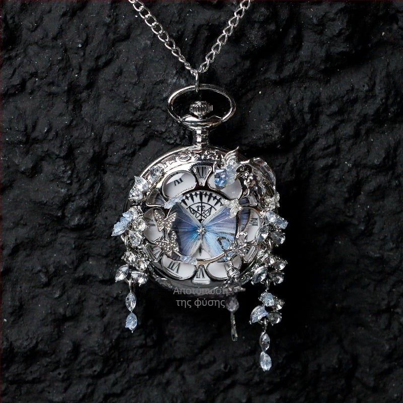 Ρολόι τσέπης με μετακινούμενο πραγματικό δείγμα πεταλούδας, ιδανικό δώρο για κορίτσια και φίλες (Ηλεκτρονικός μηχανισμός; Αντοχή στο νερό 35m; Κέλυφος από σιλικόνη; Κυκλικός καντράν; ABS γυαλί)