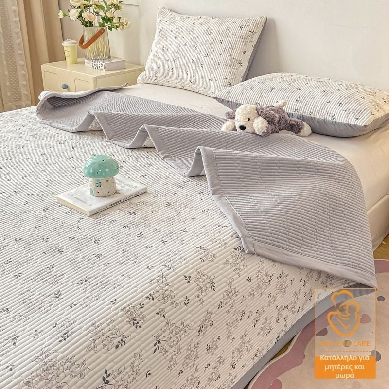 Σετ τριών τεμαχίων καλύμματος κρεβατιού, καπιτονέ, αντιολισθητικό, ριγέ σχέδιο, πολυεστερική ίνα, αμφίδρομο