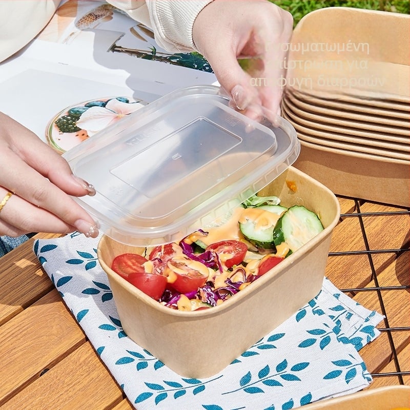 Μονοχρηστη τετράγωνη συσκευασία από kraft χαρτί με αδιάβροχη χάρτινη λεκάνη για κατασκήνωση και πικ νικ; όχι κατάλληλη για φούρνο μικροκυμάτων; κατάλληλη για γεύματα τύπου μπέντο.