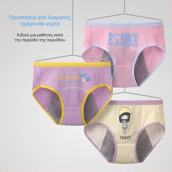 Γυναικείο περιοδικό εσώρουχο για κορίτσια, μεσαία μέση, boxer briefs, 95% βαμβάκι, μοτίβο καρτούν