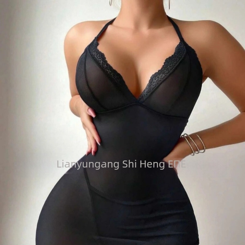 Σεξι νυχτικό με διαφανή δαντέλα και κέντημα, πολυεστερικό ύφασμα ultra-thin 61–80 g/m², 95–100% πολυεστέρας, Άνοιξη 2025