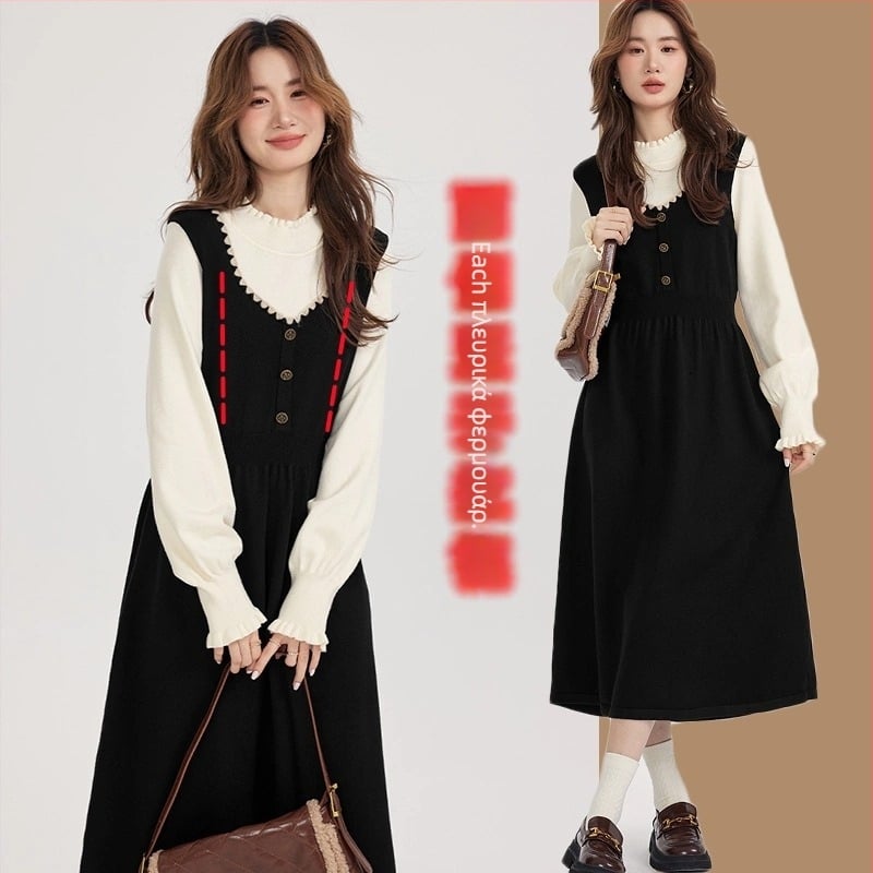 Φθινοπωρινό-χειμερινό φόρεμα θηλάσματος για εξόδους το 2025, με γιακά σε σχήμα φύλλου λωτού, μακριά μανίκια, πλεκτό ύφασμα, σχέδιο με πάνελ, Α-line μέχρι τον μέσο μηρό, άνοιγμα θηλασμού.