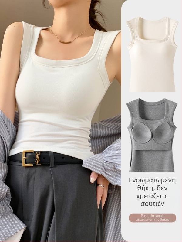 Γυναικείο γιλέκο σε σχήμα Ι, στενή εφαρμογή, με αποσπώμενες τιράντες και ενσωματωμένο μαξιλαράκι στήθους, ύφασμα βισκόζη 90–95%, Άνοιξη 2025