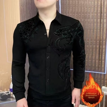 Ανδρικό πουκάμισο με φλίς επένδυση, εφαρμοστό σχήμα (slim), μακριά μανίκια, γιακά τύπου λαπέλ, μίξη πολυεστέρα 71–80%