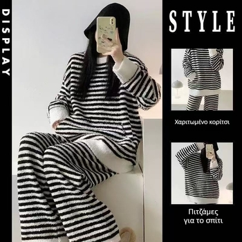 Σετ πιτζάμες από βελούδινο ύφασμα – στρογγυλός λαιμός, μακριά ριγέ μανίκια, κορεάτικος στυλ, χειμωνιάτικα οικιακά ρούχα