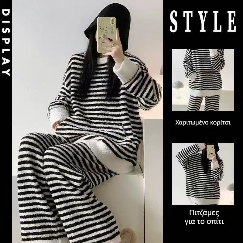 Σετ πιτζάμες από βελούδινο ύφασμα – στρογγυλός λαιμός, μακριά ριγέ μανίκια, κορεάτικος στυλ, χειμωνιάτικα οικιακά ρούχα