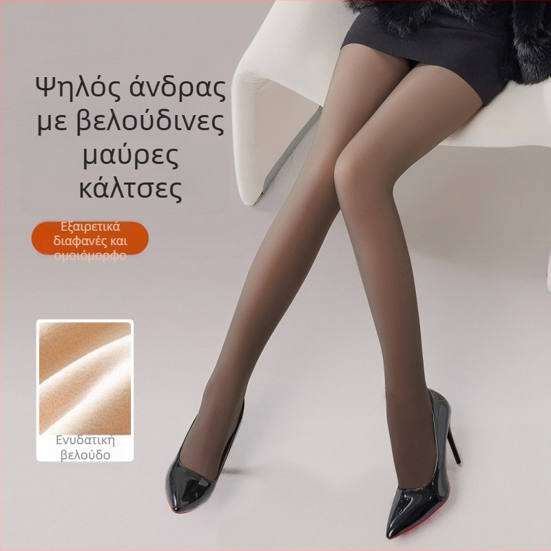 Γυναικείες μαύρες καλσόν με επένδυση φλίς, για φθινοπωρινό–χειμερινό, εφέ γυμνών ποδιών, λαμπερός τόνος δέρματος, παχιές καλσόν