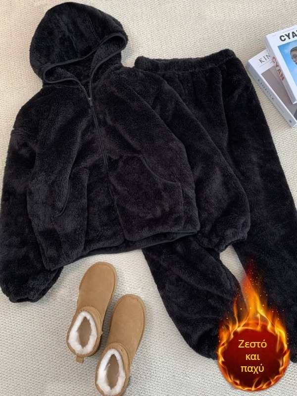 Σετ οικιακής χρήσης με κουκούλα από coral fleece, διπλής όψης, ζεστό και παχύ, δύο τεμάχια: μακρυμάνικο πάνω και παντελόνι, 351-400 g/m2, χειμώνας