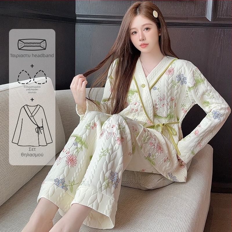 Σετ πυτζάμες θηλασμού από βαμβάκι, με V-λαιμό, μακριά μανίκια και παντελόνια, φθινοπωπω-χειμώνα, 90–95% βαμβάκι