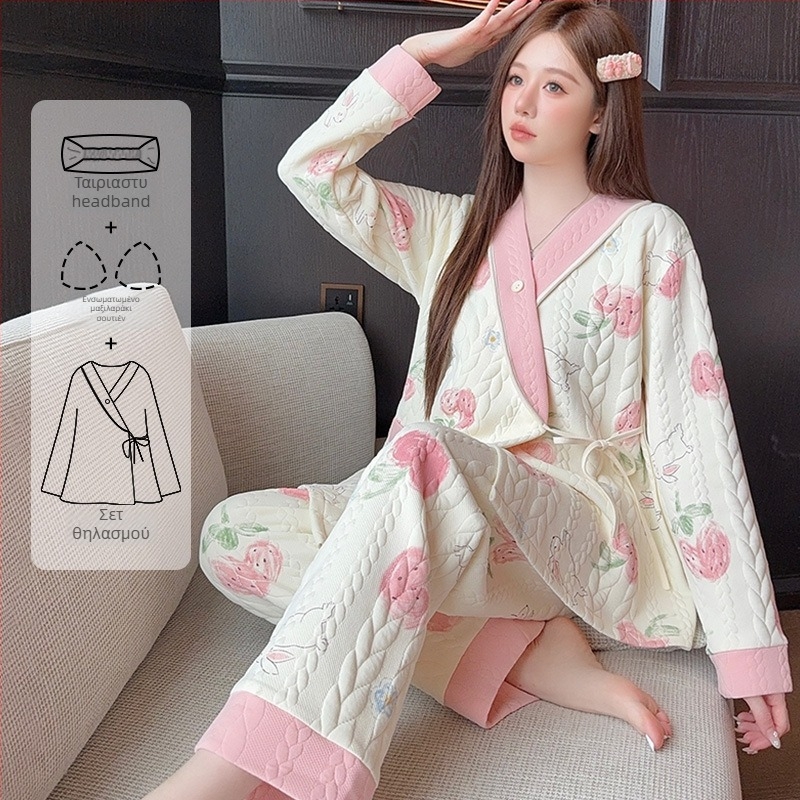 Σετ πυτζάμες θηλασμού από βαμβάκι, με V-λαιμό, μακριά μανίκια και παντελόνια, φθινοπωπω-χειμώνα, 90–95% βαμβάκι