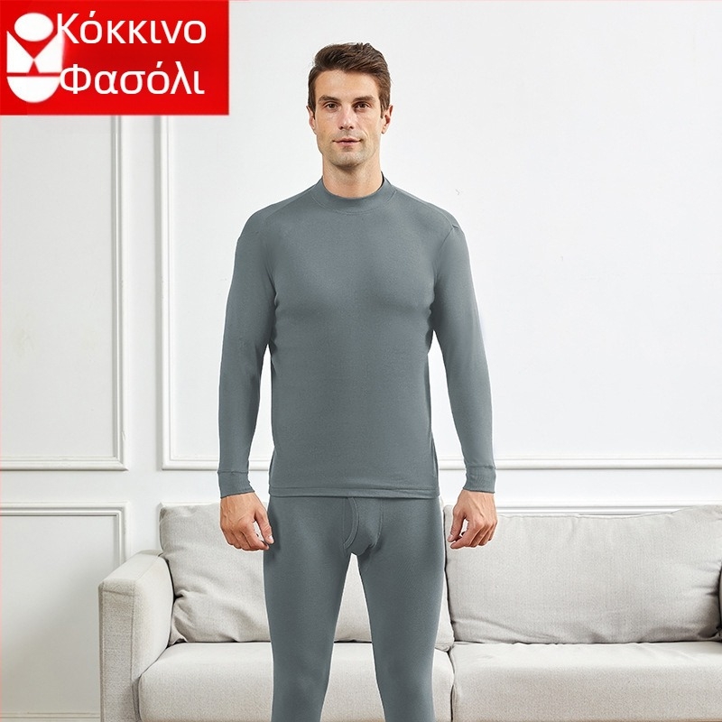 Ανδρικό σετ θερμικών εσωρούχων από βαμβάκι με γιακά μέτριο-υψηλό, άνετη εφαρμογή, μονόστρωτο, ύφασμα εξτρα-παχιά 301–350 g/m², επένδυση από 100% βαμβάκι, για ηλικιωμένους άνδρες.