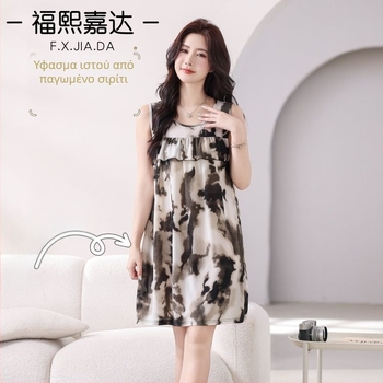 Καλοκαιρινό νυχτικό χωρίς μανίκια από Ice Silk ύφασμα, βισκόζη, μέτριο βάρος 141–160 g/m², μεσαίο μήκος, γλυκό και χαριτωμένο στυλ