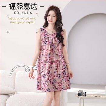 Καλοκαιρινό νυχτικό χωρίς μανίκια από Ice Silk ύφασμα, βισκόζη, μέτριο βάρος 141–160 g/m², μεσαίο μήκος, γλυκό και χαριτωμένο στυλ