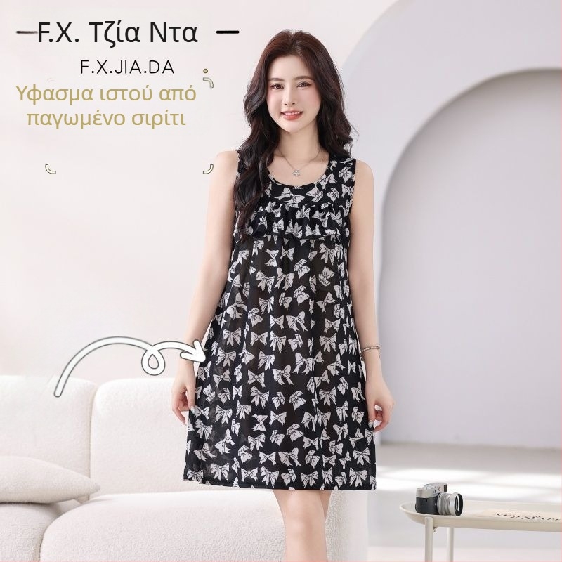 Καλοκαιρινό νυχτικό χωρίς μανίκια από Ice Silk ύφασμα, βισκόζη, μέτριο βάρος 141–160 g/m², μεσαίο μήκος, γλυκό και χαριτωμένο στυλ