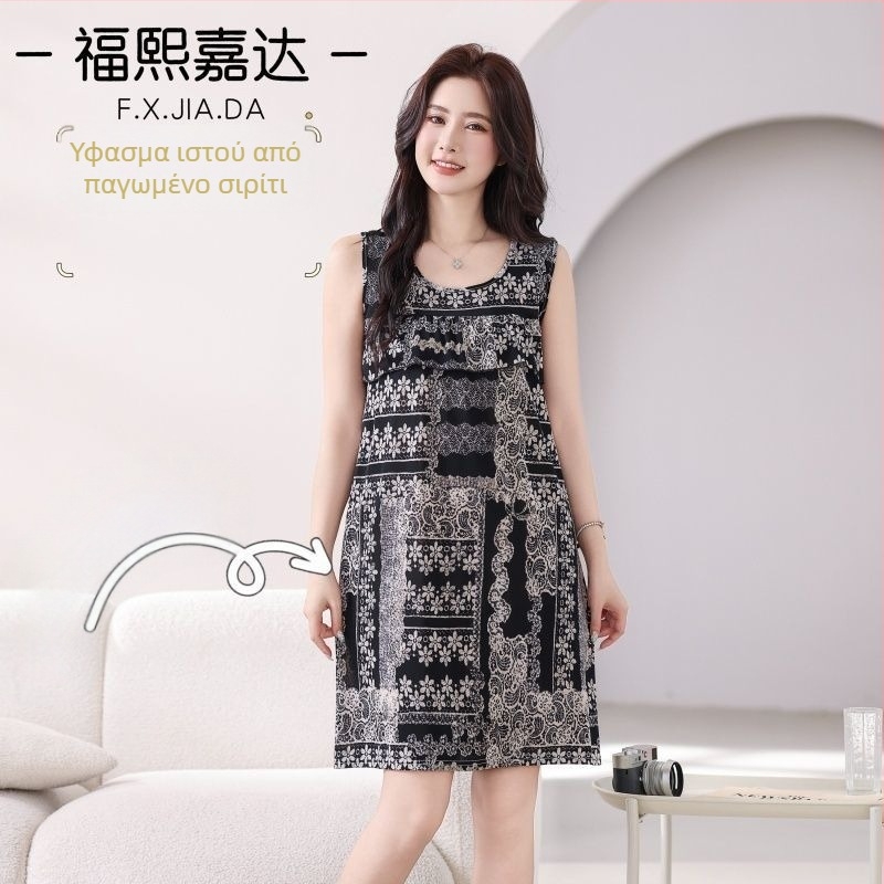 Καλοκαιρινό νυχτικό χωρίς μανίκια από Ice Silk ύφασμα, βισκόζη, μέτριο βάρος 141–160 g/m², μεσαίο μήκος, γλυκό και χαριτωμένο στυλ