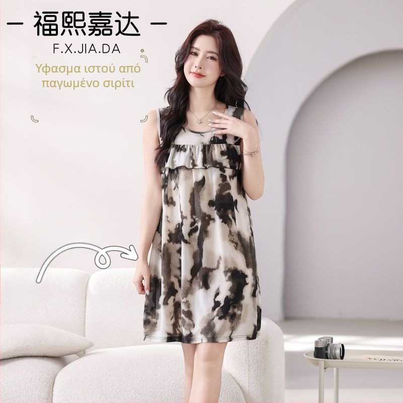 Καλοκαιρινό νυχτικό χωρίς μανίκια από Ice Silk ύφασμα, βισκόζη, μέτριο βάρος 141–160 g/m², μεσαίο μήκος, γλυκό και χαριτωμένο στυλ