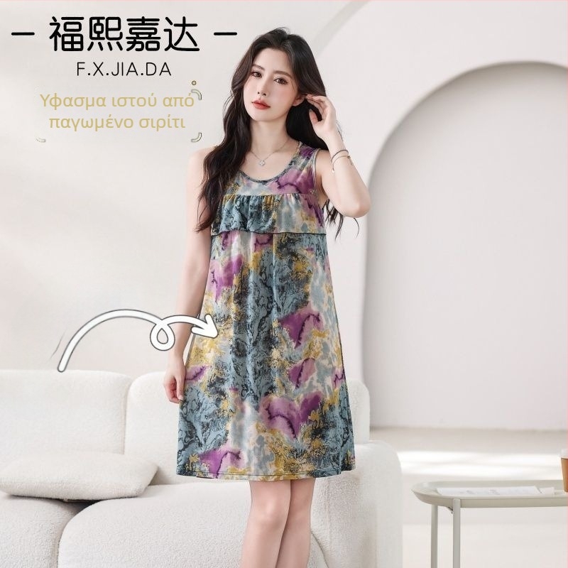 Καλοκαιρινό νυχτικό χωρίς μανίκια από Ice Silk ύφασμα, βισκόζη, μέτριο βάρος 141–160 g/m², μεσαίο μήκος, γλυκό και χαριτωμένο στυλ