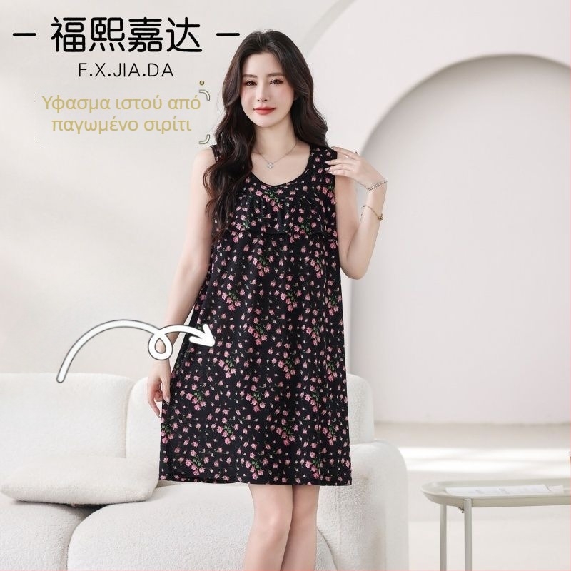 Καλοκαιρινό νυχτικό χωρίς μανίκια από Ice Silk ύφασμα, βισκόζη, μέτριο βάρος 141–160 g/m², μεσαίο μήκος, γλυκό και χαριτωμένο στυλ