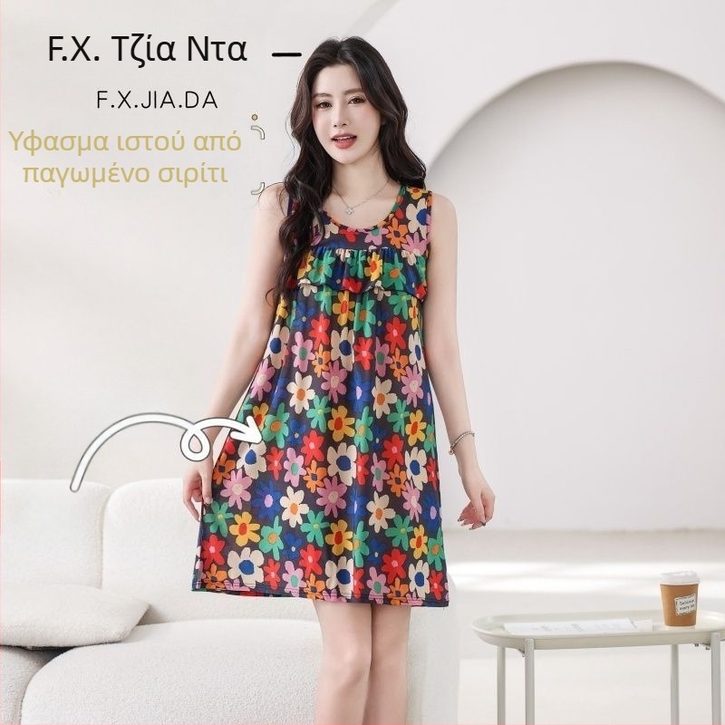 Καλοκαιρινό νυχτικό χωρίς μανίκια από Ice Silk ύφασμα, βισκόζη, μέτριο βάρος 141–160 g/m², μεσαίο μήκος, γλυκό και χαριτωμένο στυλ