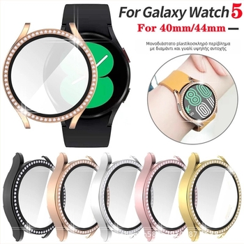 Θήκη ρολογιού με μονή σειρά διαμαντιών και ενσωματωμένη προστασία οθόνης από σκληρυμένο γυαλί — σιλικόνη, συμβατή με Samsung Galaxy Watch 5/6