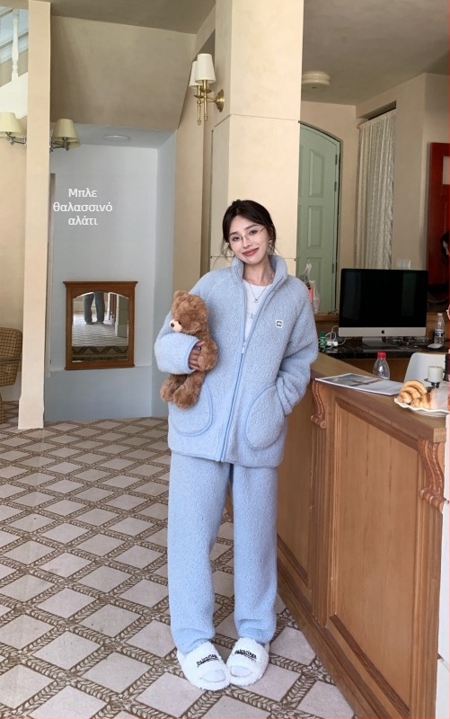 Σετ πιτζάμες από μαλλί αρνιού, unisex, σε στυλ καρντγκάν με όρθιο γιακά, παχύ χειμωνιάτικη άνετη ενδυμασία για σπίτι και εξωτερικούς χώρους