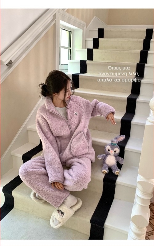 Σετ πιτζάμες από μαλλί αρνιού, unisex, σε στυλ καρντγκάν με όρθιο γιακά, παχύ χειμωνιάτικη άνετη ενδυμασία για σπίτι και εξωτερικούς χώρους