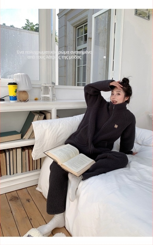 Σετ πιτζάμες από μαλλί αρνιού, unisex, σε στυλ καρντγκάν με όρθιο γιακά, παχύ χειμωνιάτικη άνετη ενδυμασία για σπίτι και εξωτερικούς χώρους