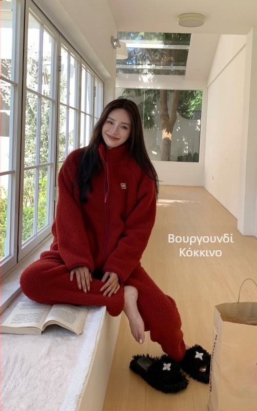 Σετ πιτζάμες από μαλλί αρνιού, unisex, σε στυλ καρντγκάν με όρθιο γιακά, παχύ χειμωνιάτικη άνετη ενδυμασία για σπίτι και εξωτερικούς χώρους