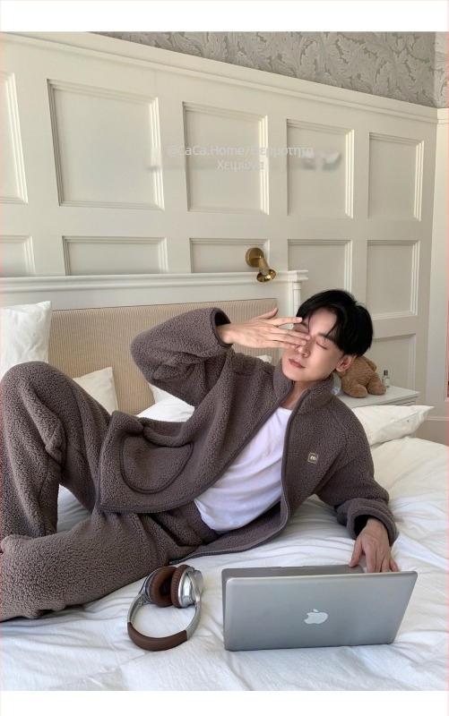 Σετ πιτζάμες από μαλλί αρνιού, unisex, σε στυλ καρντγκάν με όρθιο γιακά, παχύ χειμωνιάτικη άνετη ενδυμασία για σπίτι και εξωτερικούς χώρους