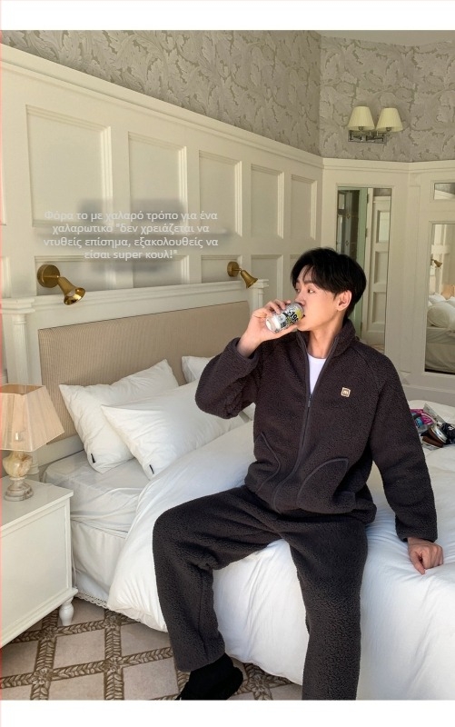 Σετ πιτζάμες από μαλλί αρνιού, unisex, σε στυλ καρντγκάν με όρθιο γιακά, παχύ χειμωνιάτικη άνετη ενδυμασία για σπίτι και εξωτερικούς χώρους