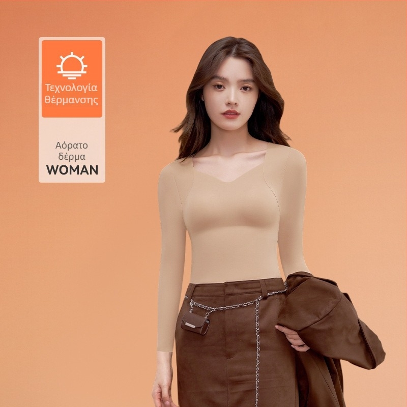 Γυναικείο θερμικό τοπ βάσης από νάιλον, V-λαιμό, μακριά μανίκια, μονόχρωμο, διατηρεί τη θερμότητα