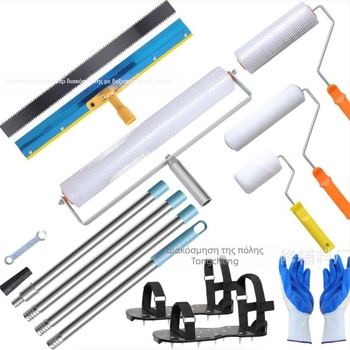 Σετ εργαλείων αυτοεπίπεδης σκυροδέματος με ρολό αφαίρεσης φυσαλίδων, ρολό αποφαινοποίησης και φτυάρι αυτοεπίπεδης — σετ 5 τεμαχίων, κατασκευή από μέταλλο/πλαστικό, για οικιακή χρήση