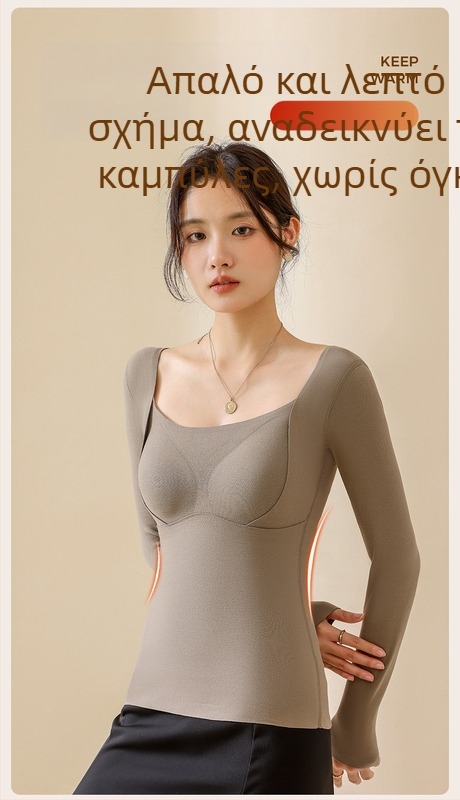 Γυναικείο θερμικό τοπ από μαλλί-σίλκε με V-λαιμό, ενσωματωμένες cups, παχύ πλεκτό ύφασμα 251–300 g/m², βασικό ύφασμα 80–90%, μακριά μανίκια, σωματικού τύπου διαμόρφωση και ζεστασιά