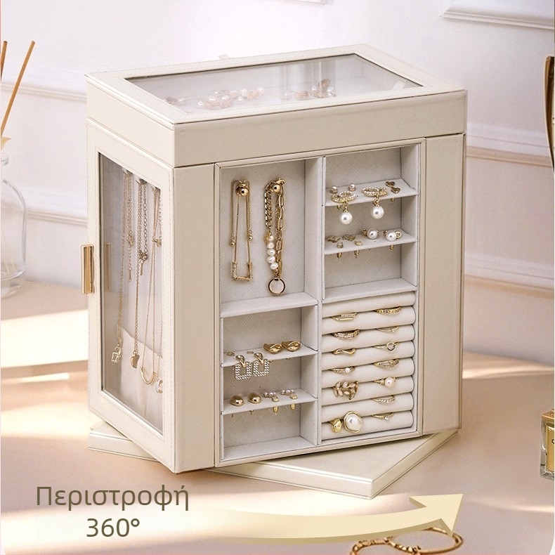 6-επίπεδη δερμάτινη θήκη κοσμημάτων για επιτραπέζια χρήση με περιστρεφόμενο παράθυρο, προστασία από τη σκόνη, αποθήκευση για κολιέ, δαχτυλίδια και σκουλαρίκια