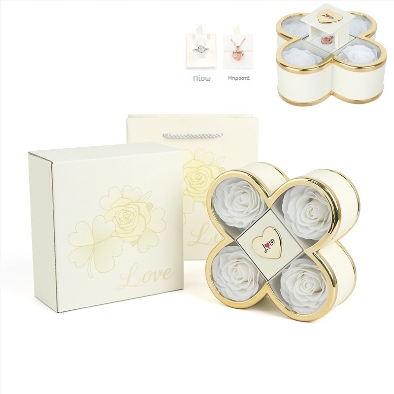 Κουτί δώρου για κολιέ με κρυφό μηχανισμό ανάδυσης τετράφυλλου μοτίφ ροζ, πλαστικό σώμα, χαρτονένια συσκευασία, περιλαμβάνει κουτί δώρου με λουλούδι και τσαντάκι