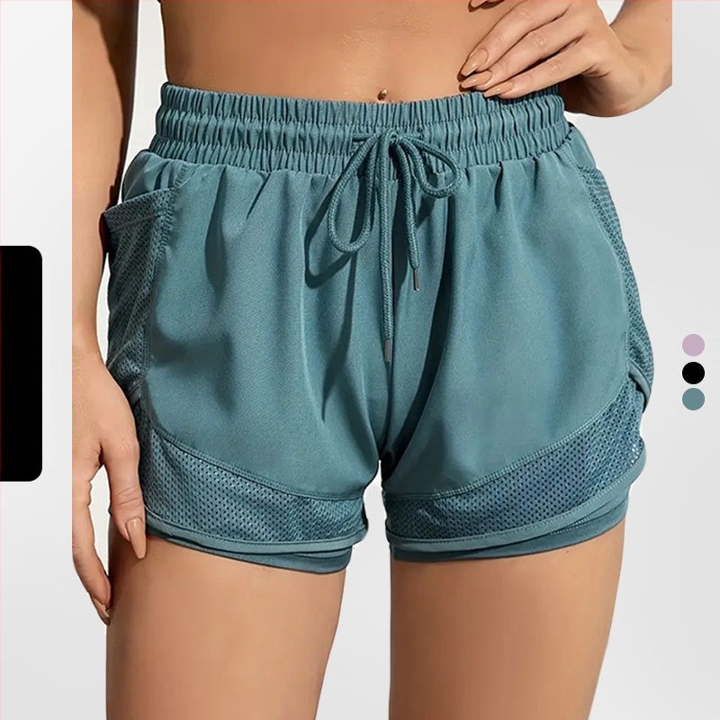 Γυναικεία σορτς γιόγκα-fitness, μήκος 3 σημείων, σχέδιο με ψεύτικο δύο κομμάτια, 95% πολυεστέρας / 5% σπάντεξ, μάρκα Sea Rhyme, καλοκαίρι 2024