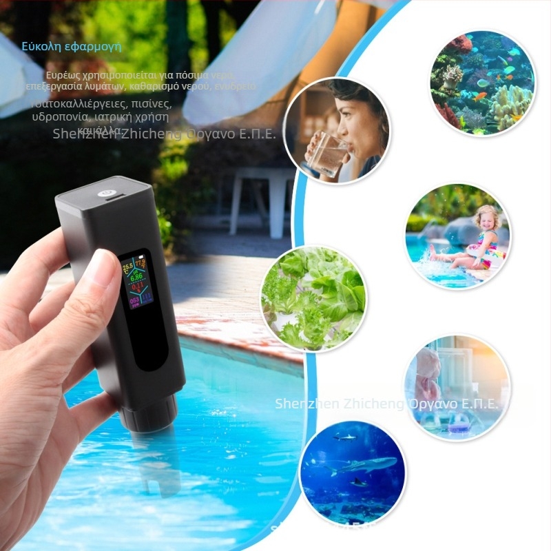 Φορτιζόμενος φορητός αναλυτής ποιότητας νερού για pH, ολική σκληρότητα και αλατότητα — εύρος pH 0–14, ακρίβεια 0.1 pH, ανάλυση 0.1
