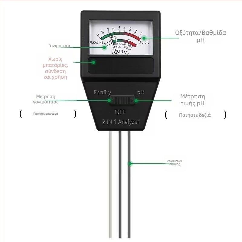 Διπλής λειτουργίας μετρητής pH και υγρασίας εδάφους για κηπουρική — μετρητής εδάφους για λουλούδια και φυτά, μοντέλο 1589956, μάρκα Concerning
