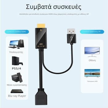 Αντάπτορας HDMI σε DP (4K60Hz, υψηλής ποιότητας τσιπ, μήκος καλωδίου 0.25m/1.8m)