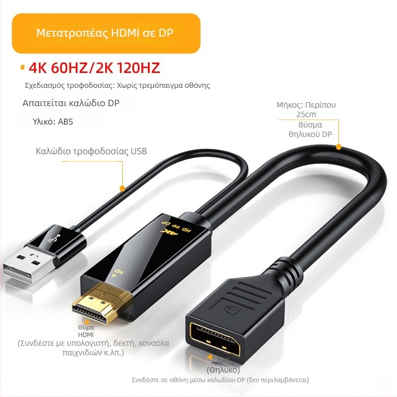 Αντάπτορας HDMI σε DP (4K60Hz, υψηλής ποιότητας τσιπ, μήκος καλωδίου 0.25m/1.8m)