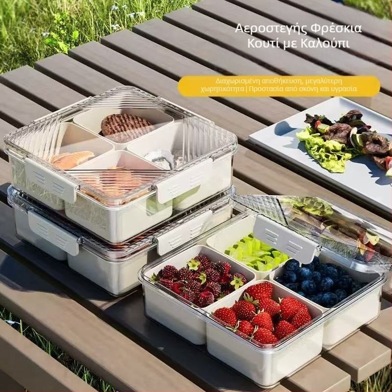 Πλαστικό κουτί αποθήκευσης φαγητών με καπάκι και διαμερίσματα — απλός σχεδιασμός, με διαχωρισμούς, κατάλληλο για φρούτα, γλυκίσματα και σνακ