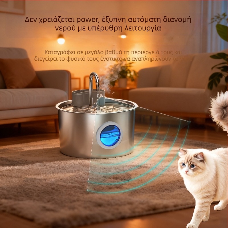 Δοχείο πόσιμου νερού από ανοξείδωτο ατσάλι για κατοικίδια, στρογγυλό, IR αισθητήρας, χωρητικότητα 3,2 L, αποσπώμενο για γάτες και σκύλους